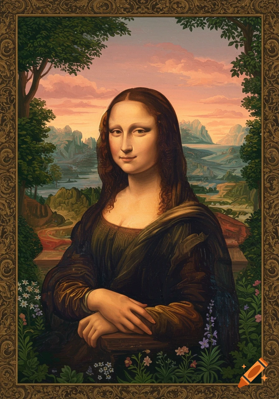A painting of the Mona Lisa with a lush landscape background and an ornate gold frame.