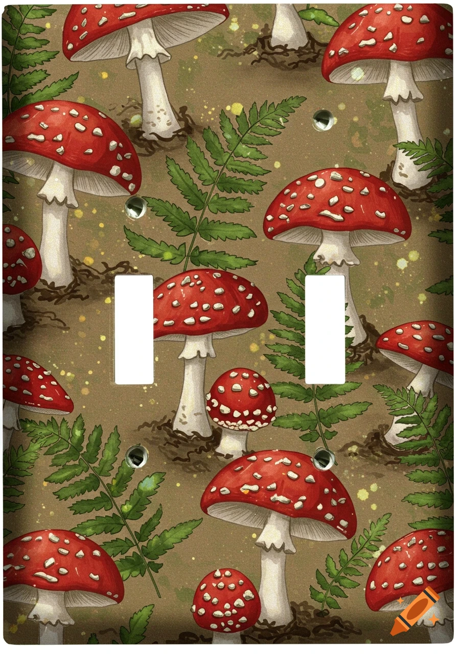 A light switch cover patterned with red-capped toadstools and green ferns on a brown, earthy background.
