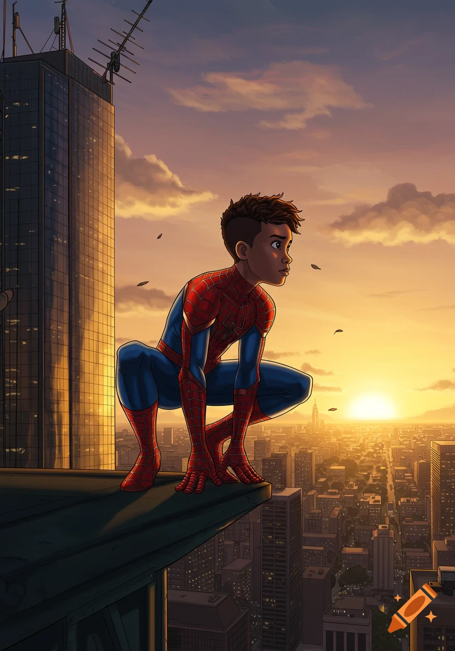 A young Spider-Man crouches on a skyscraper ledge, overlooking a sprawling city at sunset, in a vibrant comic book style.