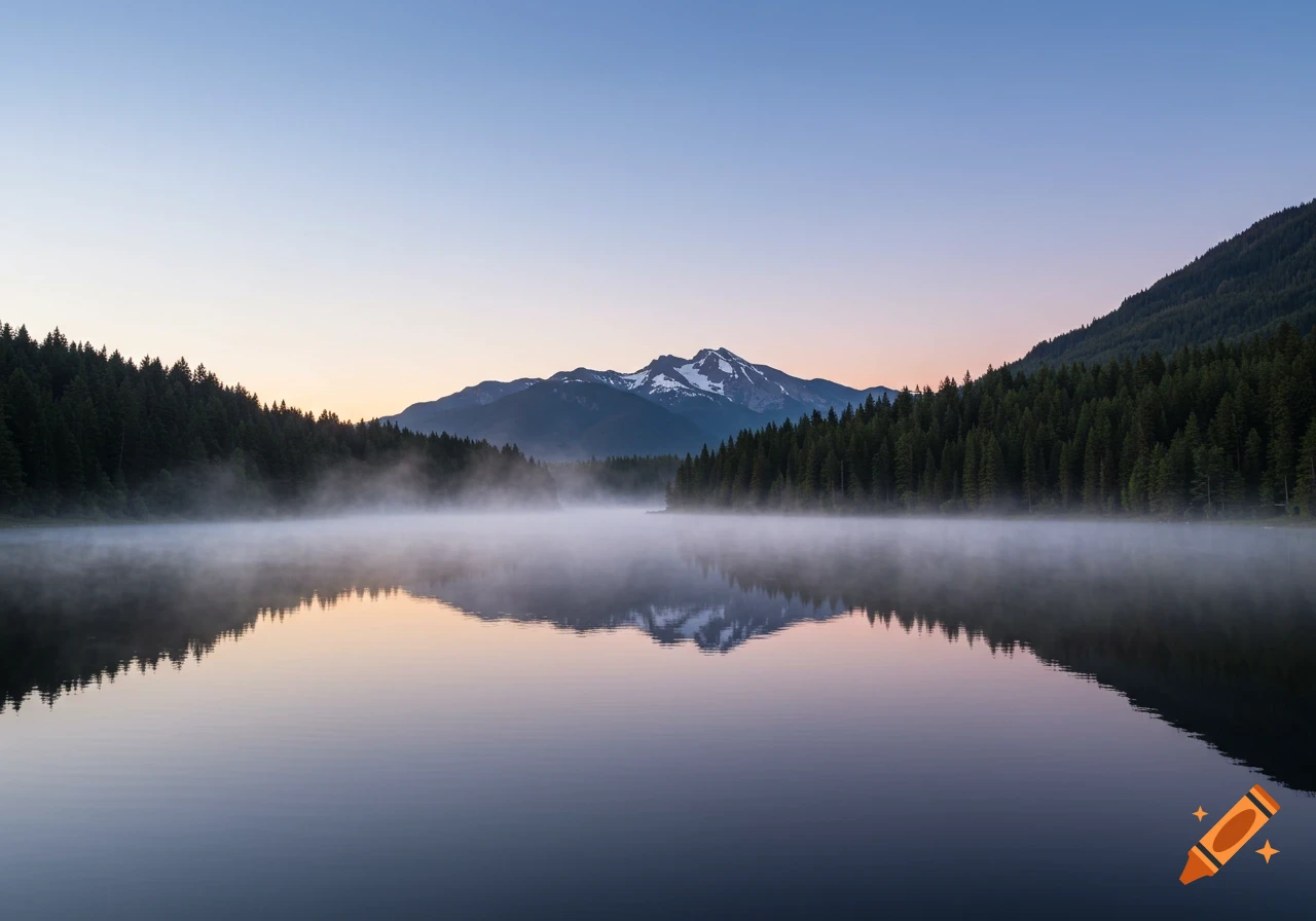 A tranquil lake covered in mist reflects snow-capped mountains and evergreen forests under a pastel sky at dawn.