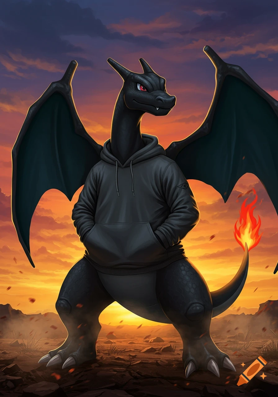 Black Charizard wearing a black hoodie standing in a rocky landscape under a sunset sky.