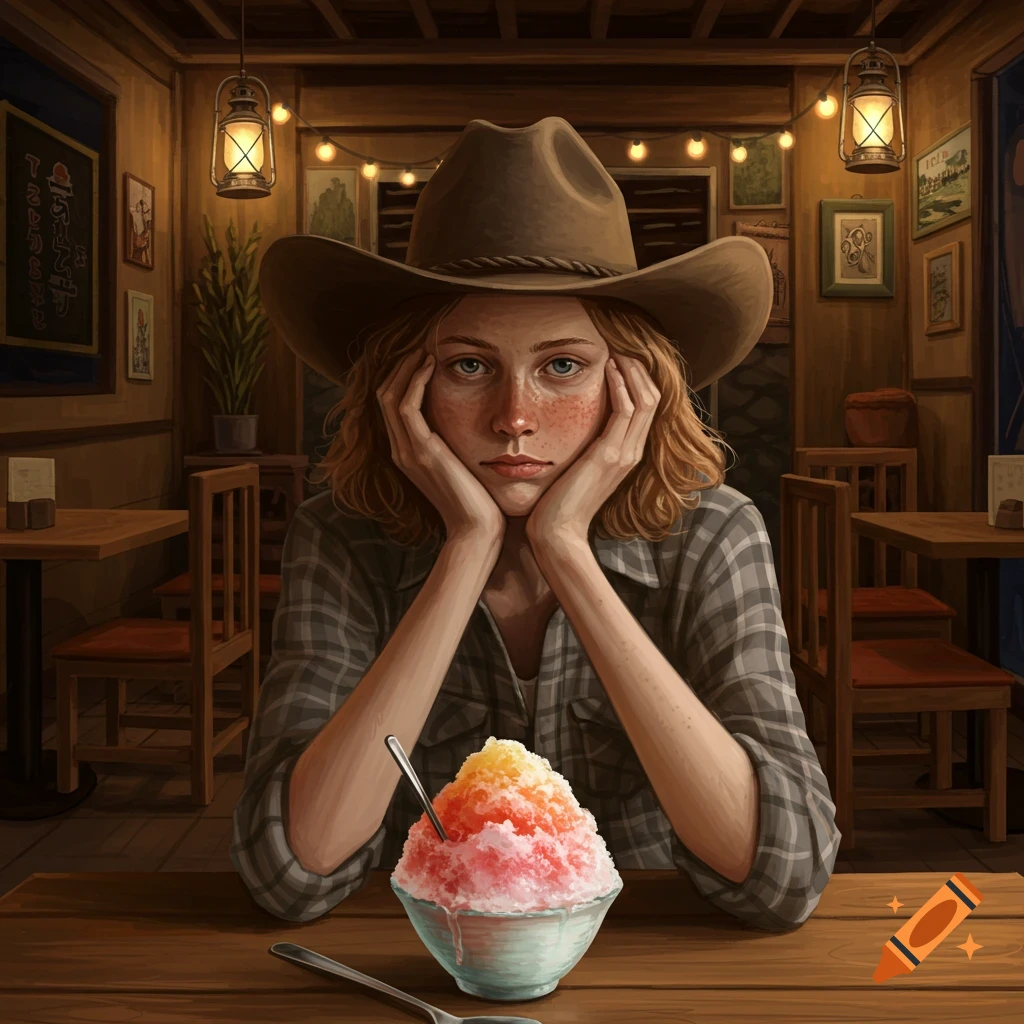Young woman in a cowboy hat and flannel shirt sits at a cafe table, hands on her face, with a colorful bowl of shaved ice.