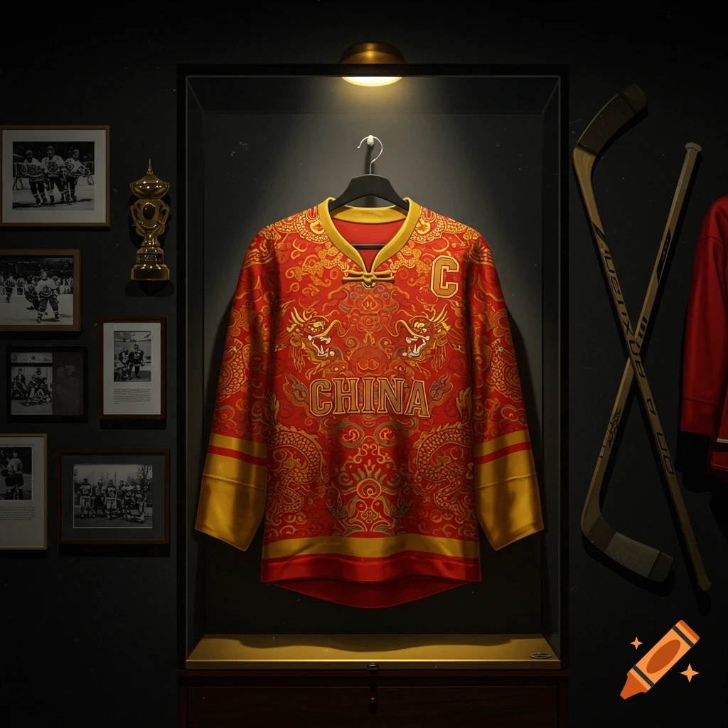 A red and gold hockey jersey with dragon patterns and 'CHINA' displayed in a lit case, alongside a trophy, framed photos, and hockey sticks.
