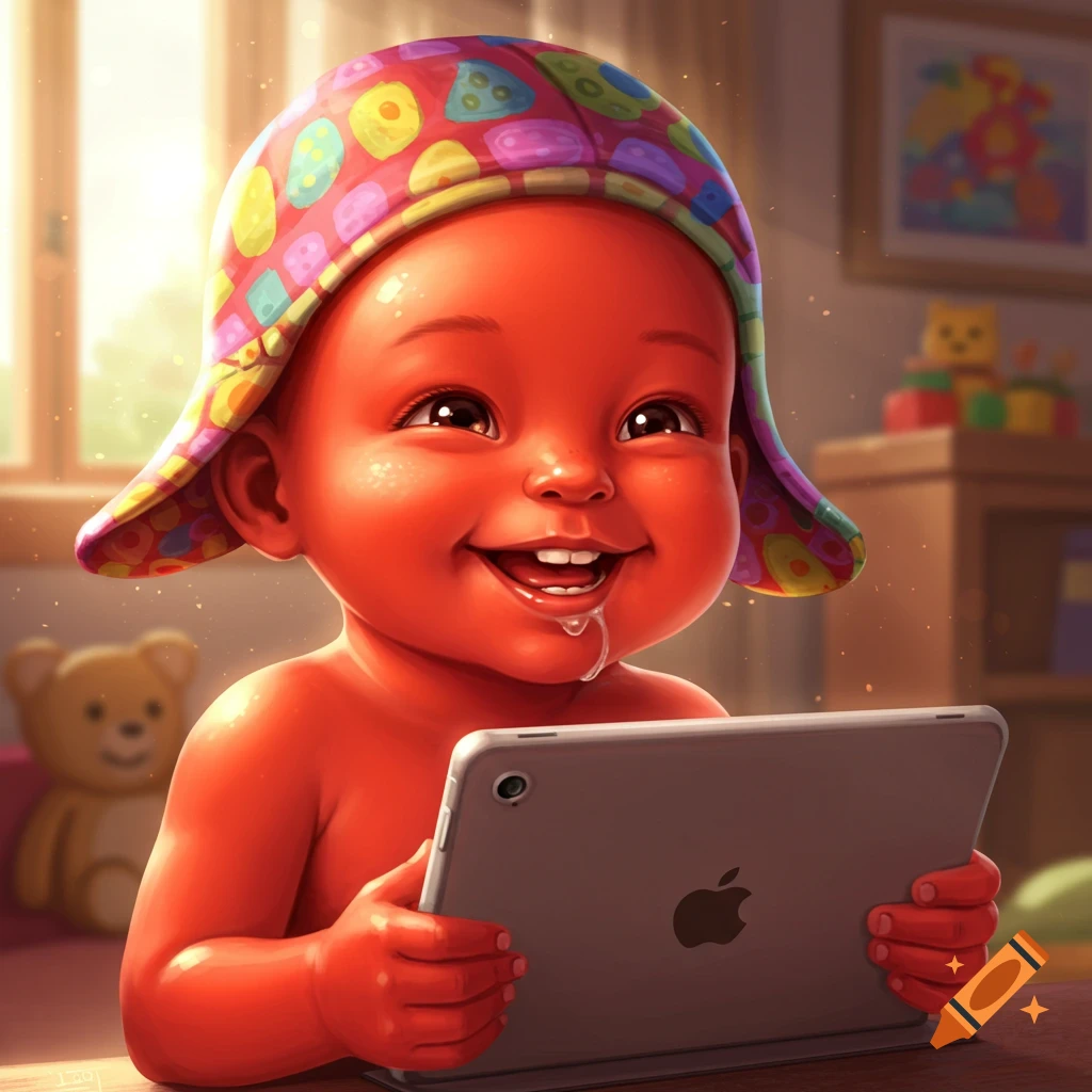 A happy red-skinned baby in a colorful hat drooling while holding a tablet. Stylized digital art.