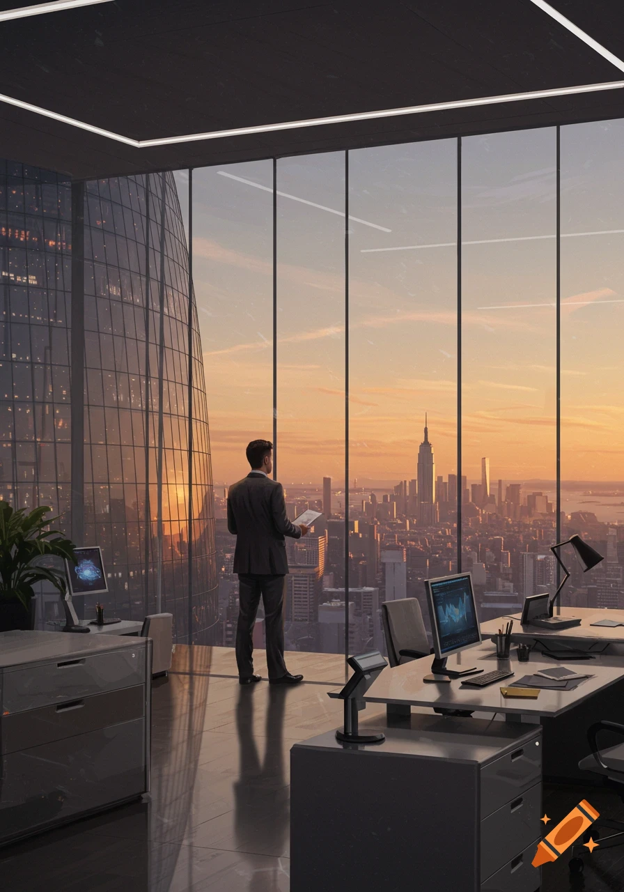 A businessman in a suit stands in a modern office, looking out a large window at a city skyline during sunset.