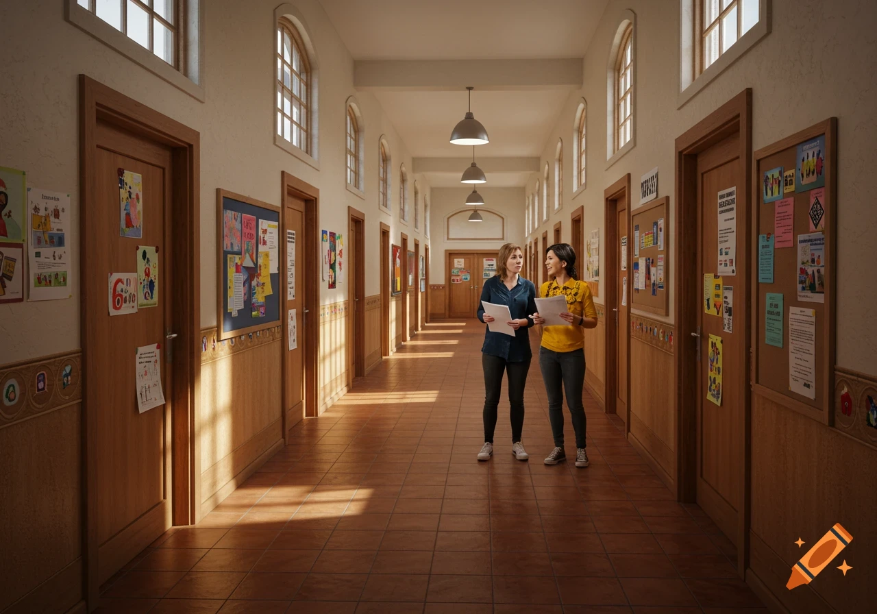 Two teachers stand and talk in a sunlit school hallway, lined with classrooms and bulletin boards.