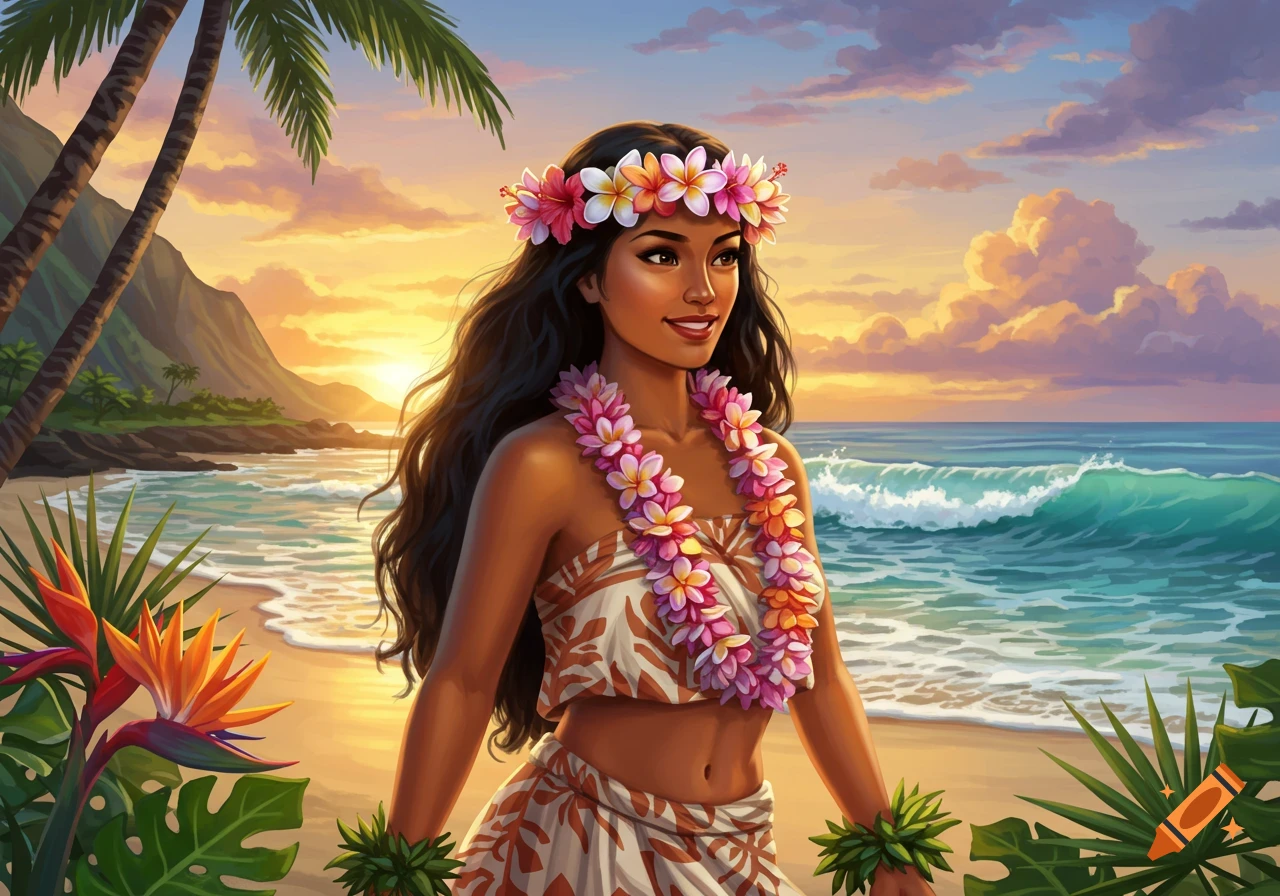 An illustrated Hawaiian woman in a floral lei and hula attire stands on a tropical beach at sunset.