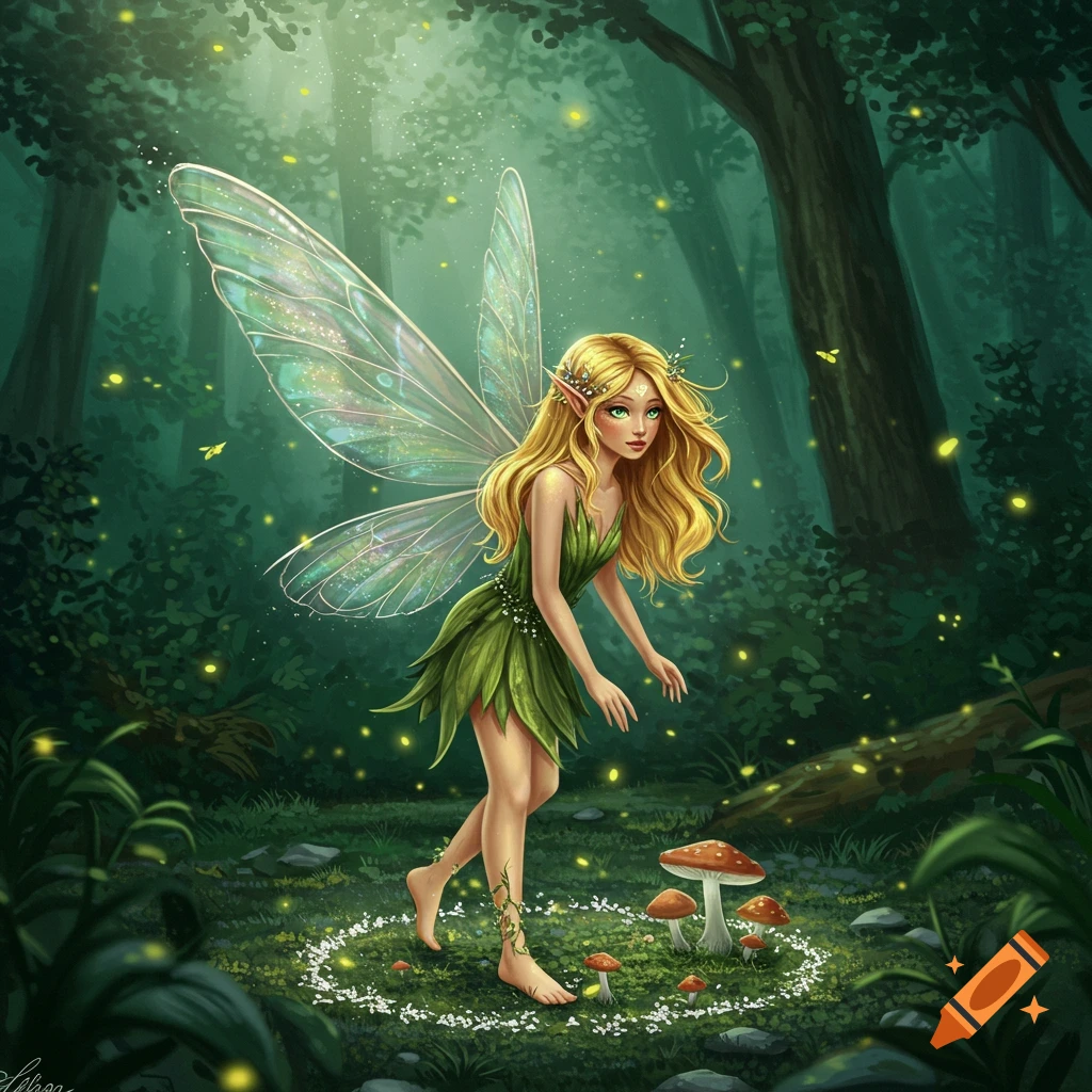 A blonde fairy with green eyes and translucent wings stands barefoot in a magical forest clearing with glowing fireflies and mushrooms.