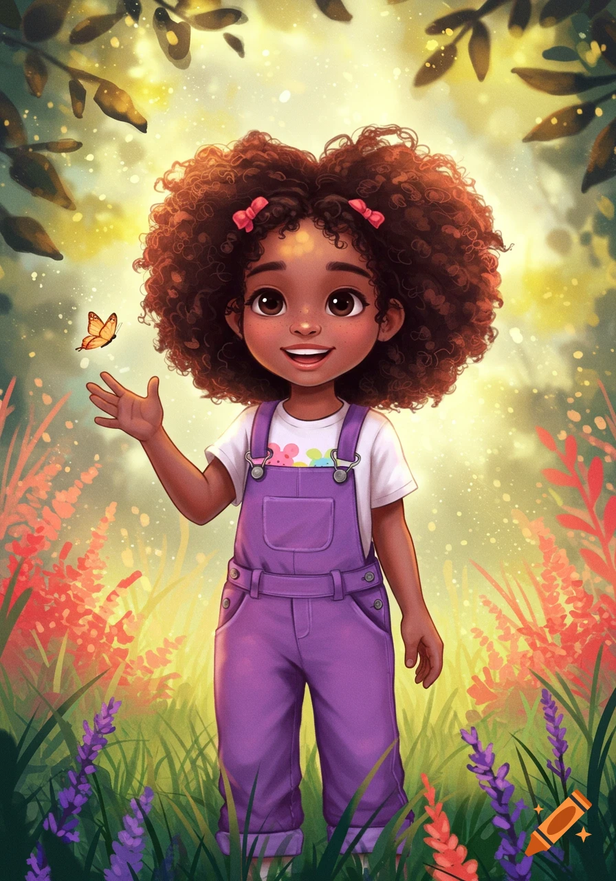 Vibrant illustration of a smiling biracial girl with curly hair in purple overalls, looking at a butterfly in a sunny garden.