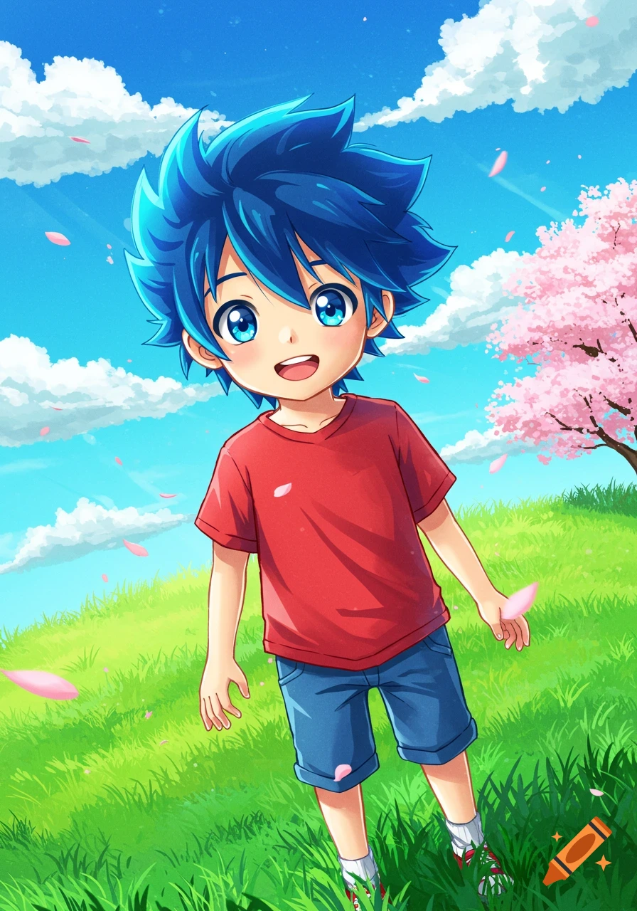 Smiling anime boy with blue hair and blue eyes standing on a grassy hill with cherry blossom petals falling under a blue sky.