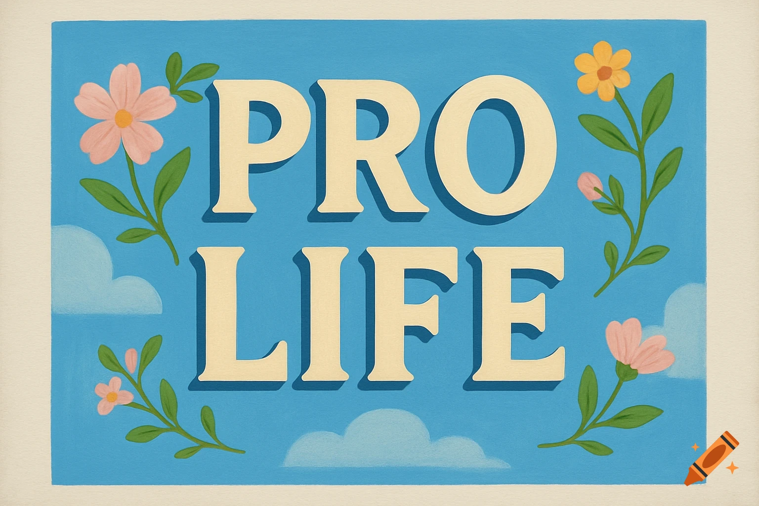 A blue sign with cream letters reads "PRO LIFE", surrounded by pink and orange flowers, green leaves, and white clouds.