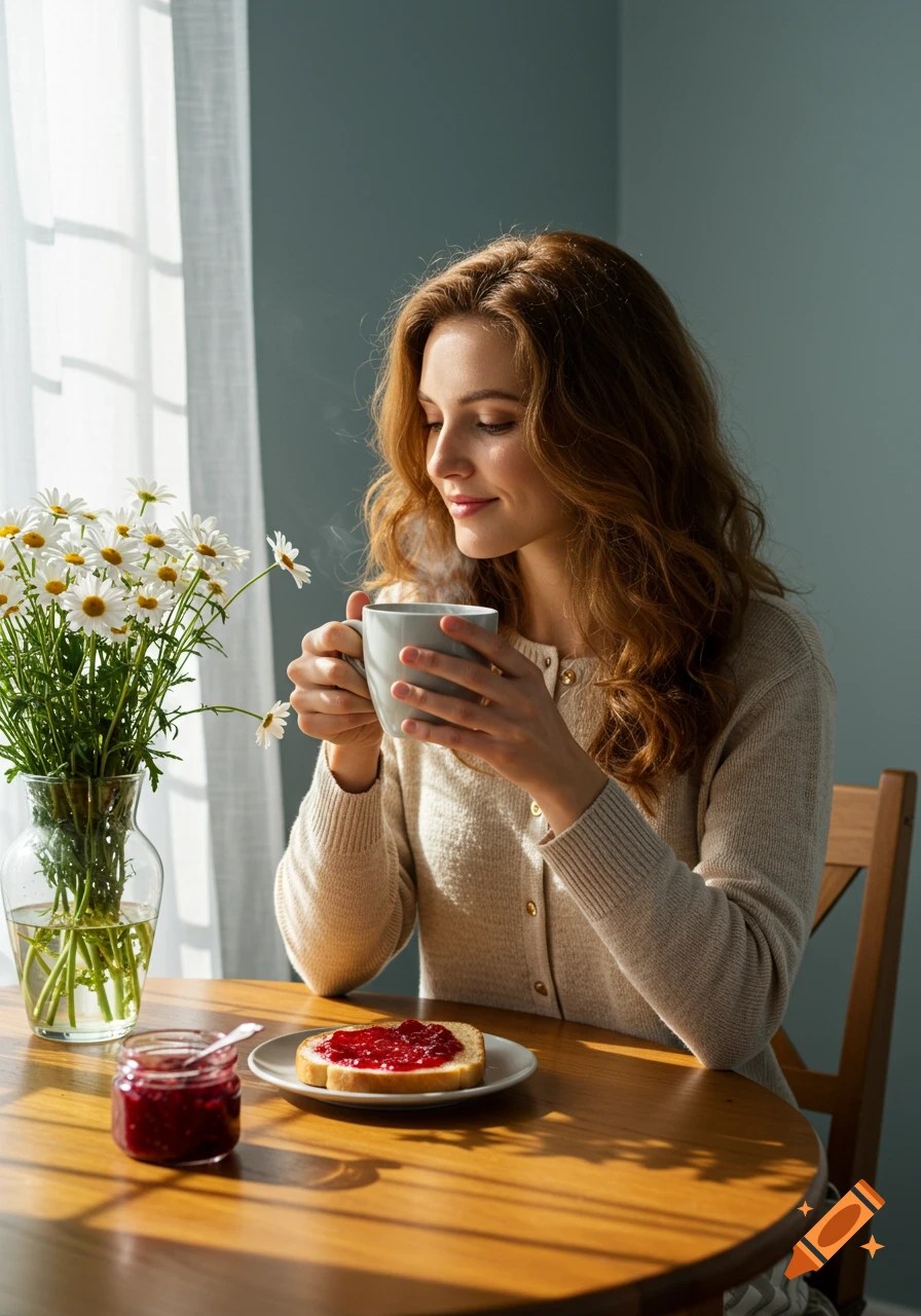 A woman sips coffee at a wooden table with toast and jam, sunlight streaming through a window.