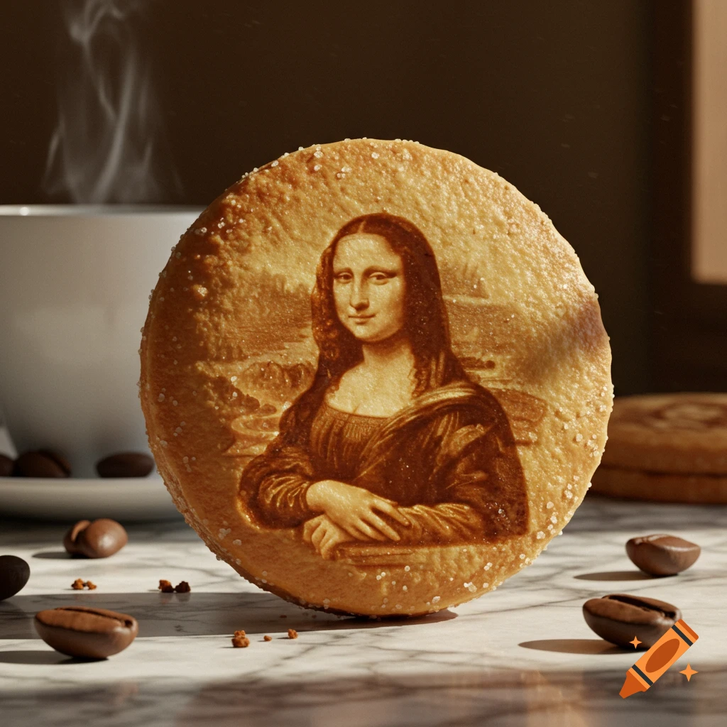 Photorealistic close-up of a dalgona cookie featuring the Mona Lisa's portrait, on a marble surface with coffee beans.