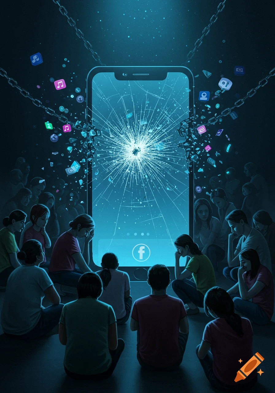 A group of people sits looking down at a cracked smartphone screen with chains and shattering app icons, depicting social media's negative impact in a dark, blue-lit digital art style.