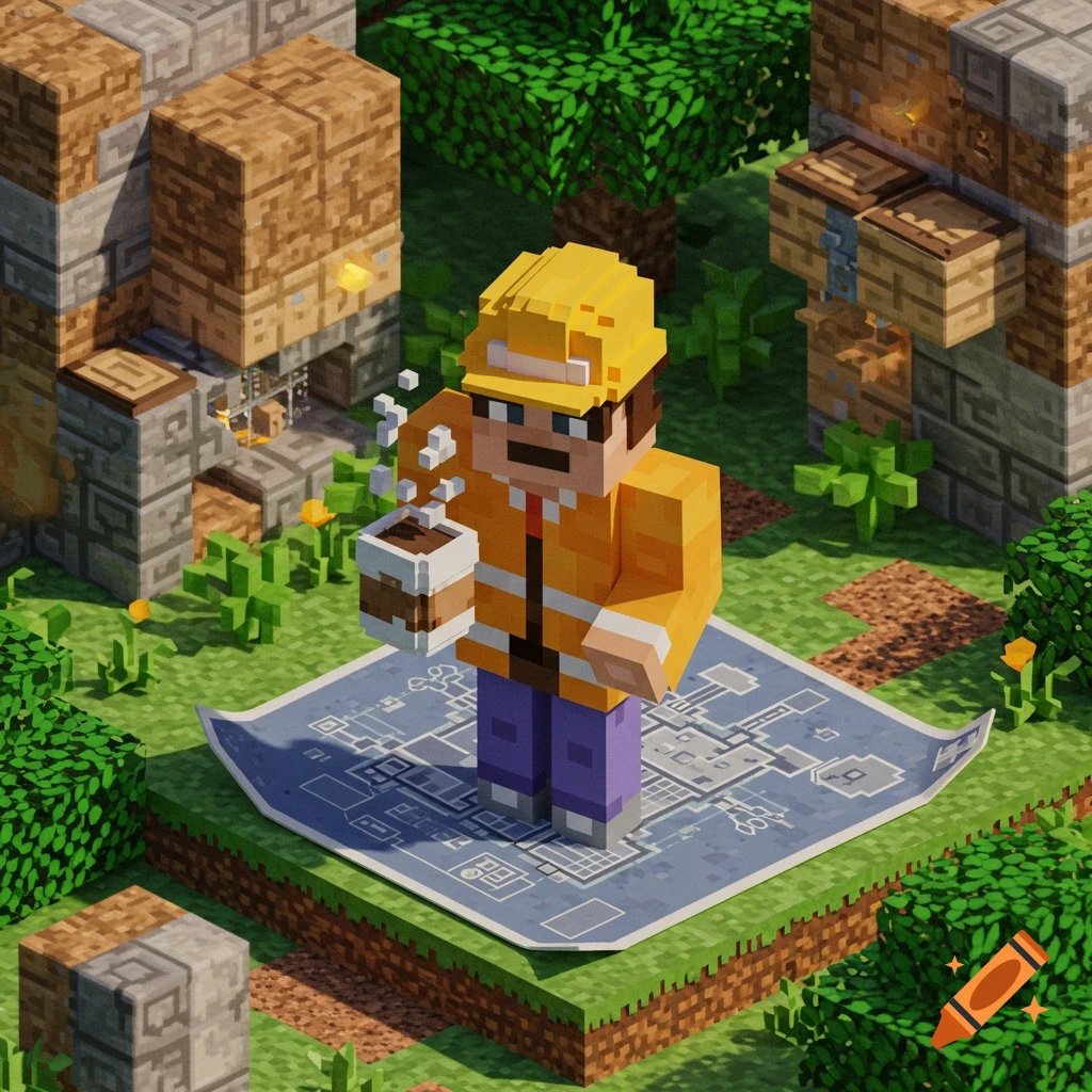 A Minecraft-style architect in a yellow hard hat and orange vest holds a steaming coffee cup while standing on a large blueprint in a blocky outdoor setting.