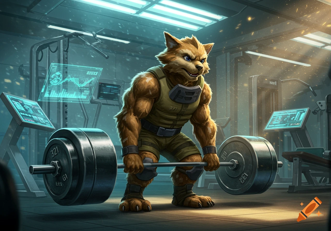 A muscular, anthropomorphic fox-like creature in military gear deadlifts heavy weights in a futuristic gym.