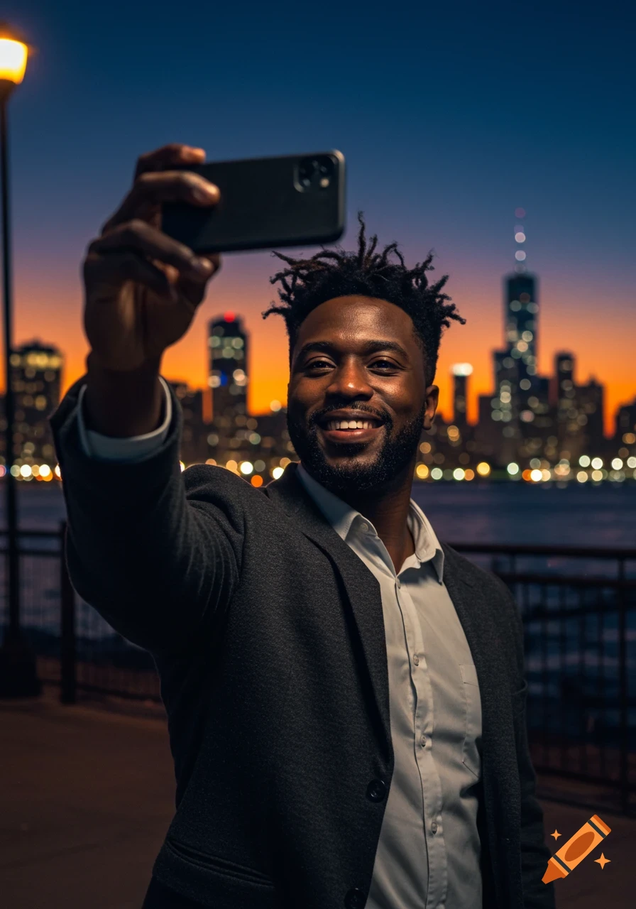 A smiling Black man takes a selfie with a smartphone, with a city skyline at dusk in the background.