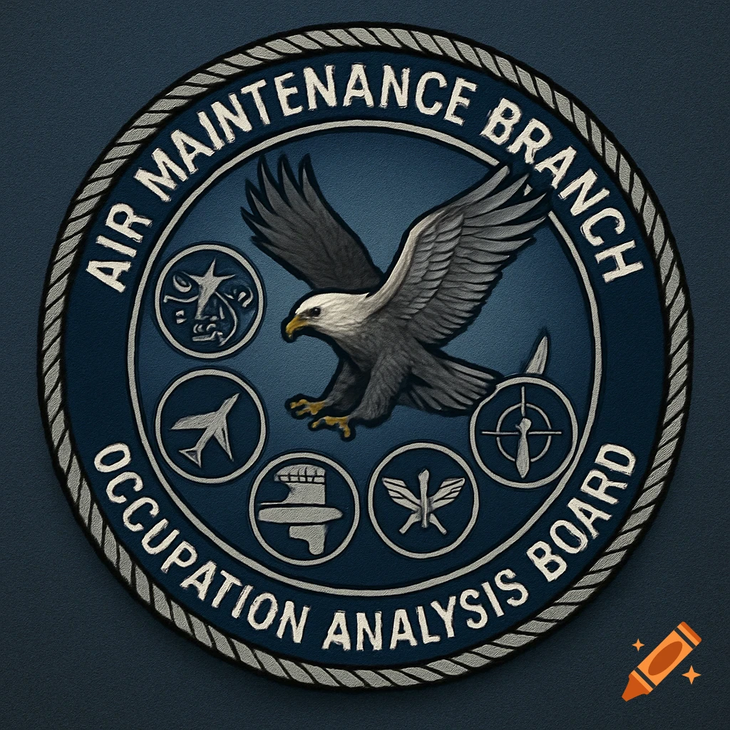 A dark blue military-style patch featuring a grey eagle, surrounded by text 'AIR MAINTENANCE BRANCH OCCUPATION ANALYSIS BOARD' and various symbols.