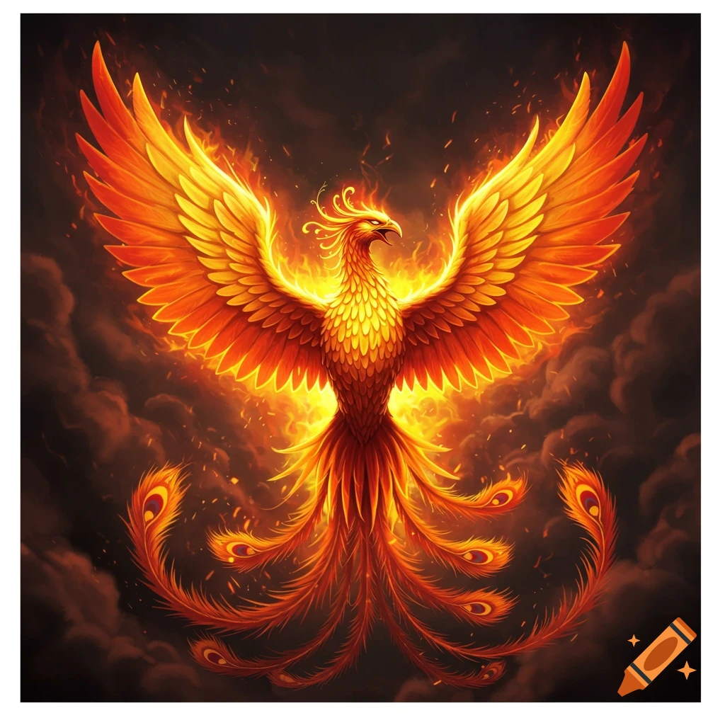 A majestic phoenix with vibrant orange and yellow fiery wings spreads wide, rising from dark, swirling flames.