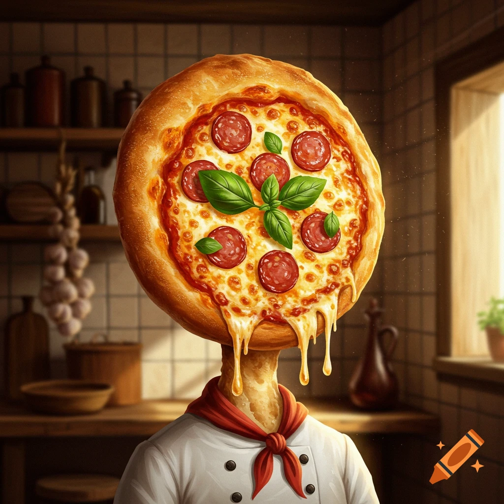 A whimsical character with a pepperoni pizza for a head, dressed as a chef, stands in a kitchen.