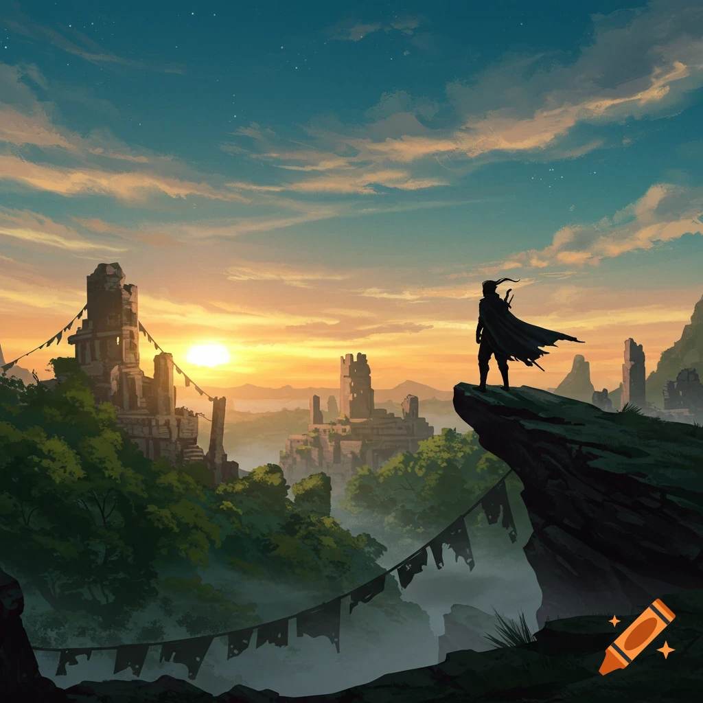 A silhouetted figure in a cape stands on a rocky cliff overlooking ancient ruins at sunset in a digital art style.