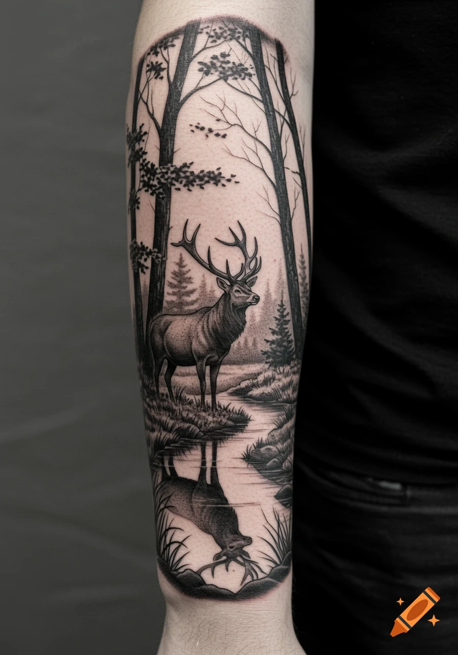 A black and white forearm tattoo depicting a majestic elk standing by a stream in a dense forest, its reflection visible in the water.