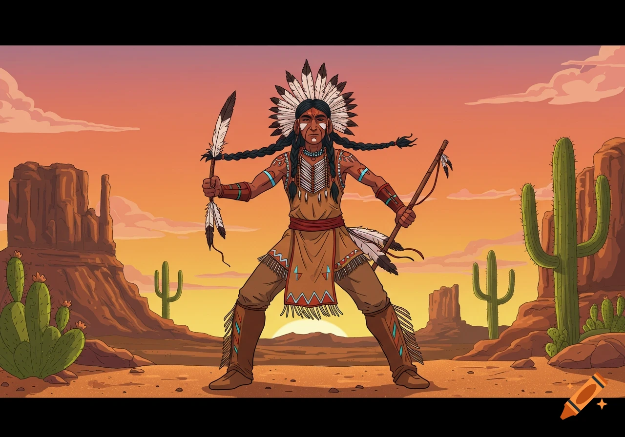 A cartoon Native American man in traditional attire and headdress, holding a feathered stick and a bow-like object, stands in a desert landscape at sunset.