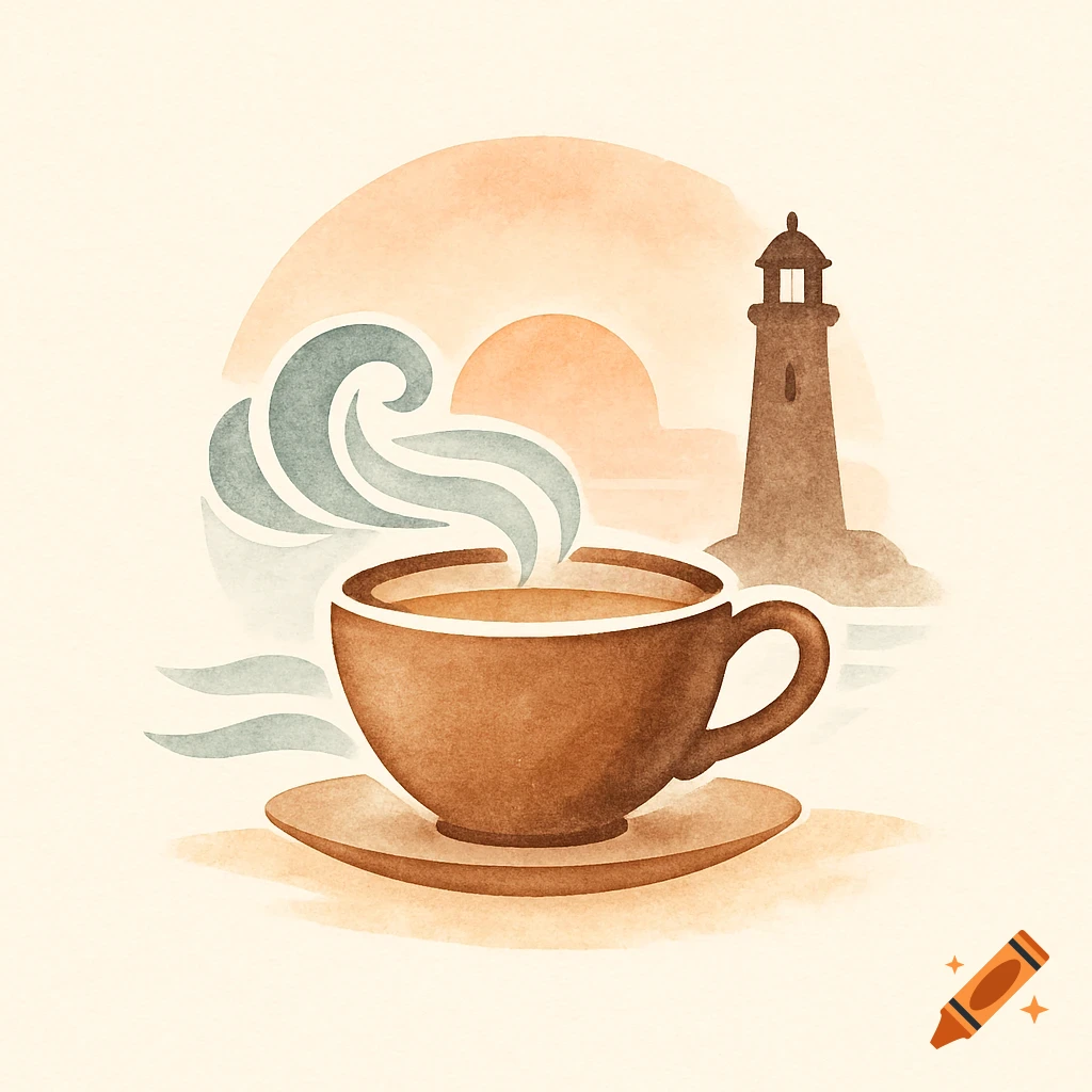 Watercolor illustration of a coffee cup with wave-like steam, a lighthouse, and a sunrise/sunset in the background.