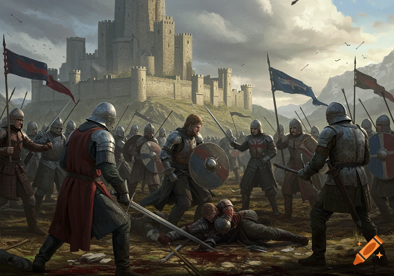 A dramatic medieval battle scene unfolds before a grand stone castle, with armored knights clashing amidst fallen soldiers and scattered blood.