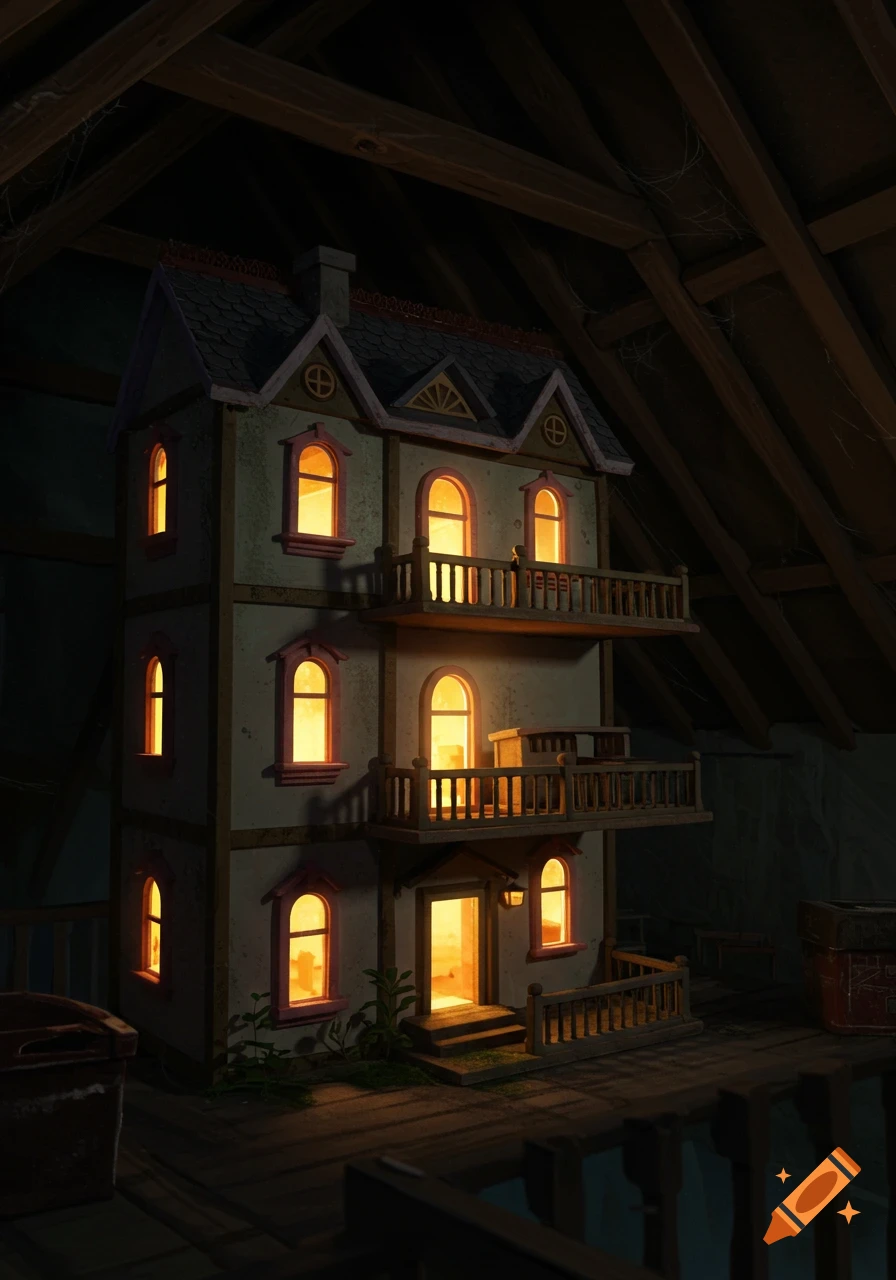 A detailed old dollhouse glowing warmly from within, sitting in a dark, dusty attic.