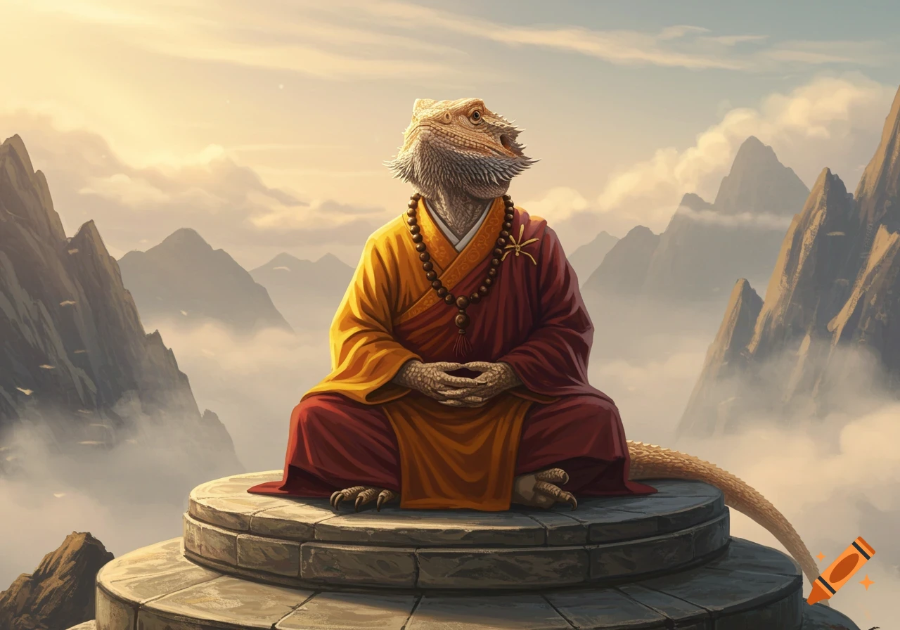 A bearded dragon in monk robes sits in meditation on a stone platform above the clouds, surrounded by mountains.