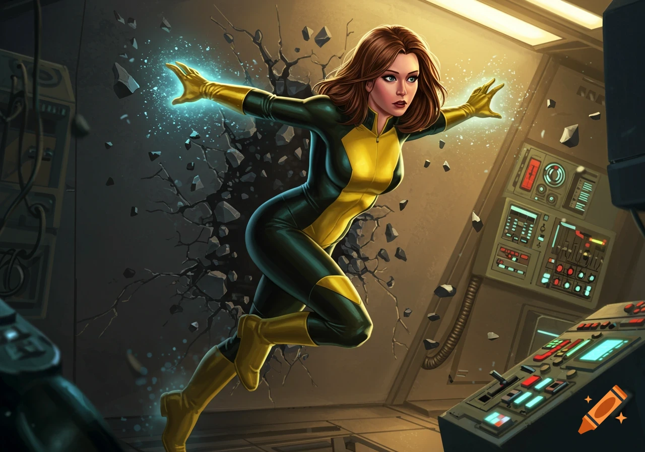 A female superhero in a black and yellow suit phases through a wall in a sci-fi room, hands glowing.