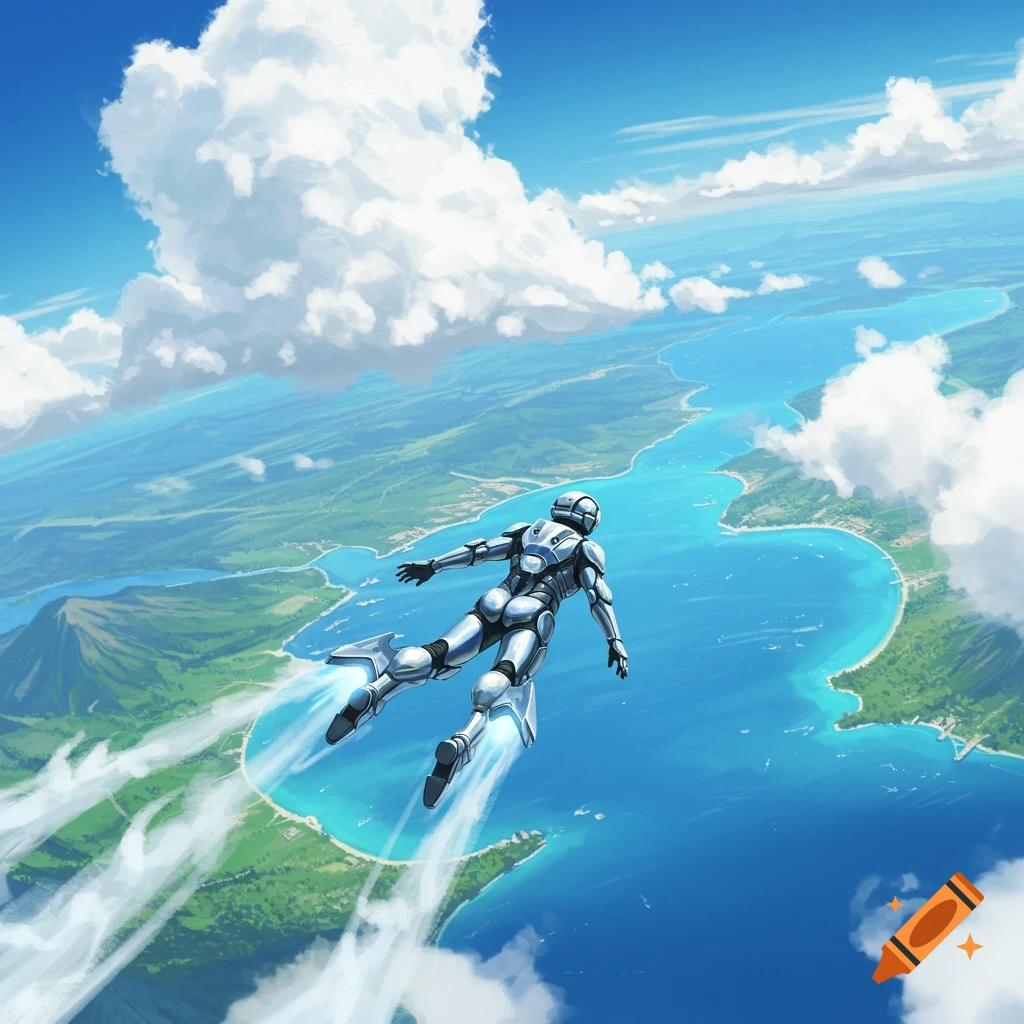 A person in a futuristic suit flies high over a bay and green land under a blue sky with white clouds.