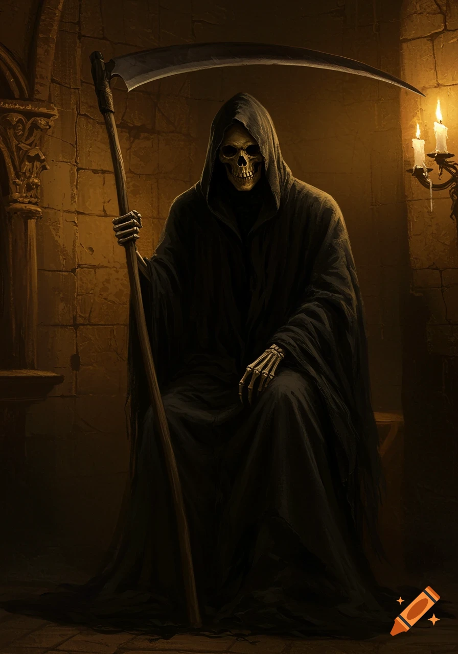 A chiaroscuro oil painting of the Grim Reaper, a skeletal figure in a dark hooded robe, sitting and holding a scythe in a dimly lit stone chamber with candles.