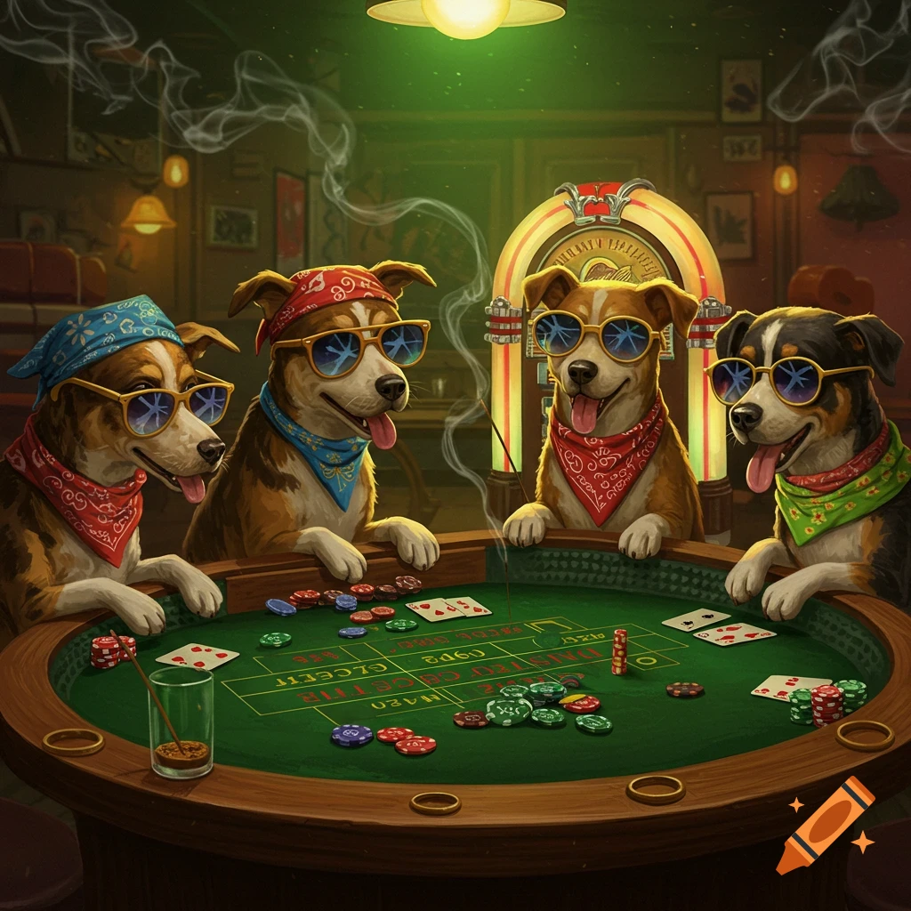 Four cool dogs wearing bandanas and sunglasses play craps around a green table in a smoky, dimly lit room with a jukebox.