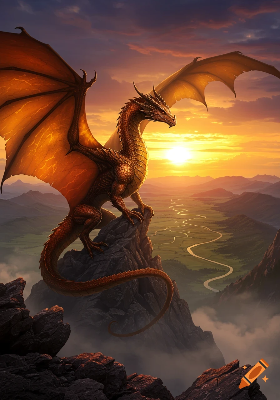 A majestic golden-red dragon perches on a rocky mountain peak overlooking a river valley at sunset.