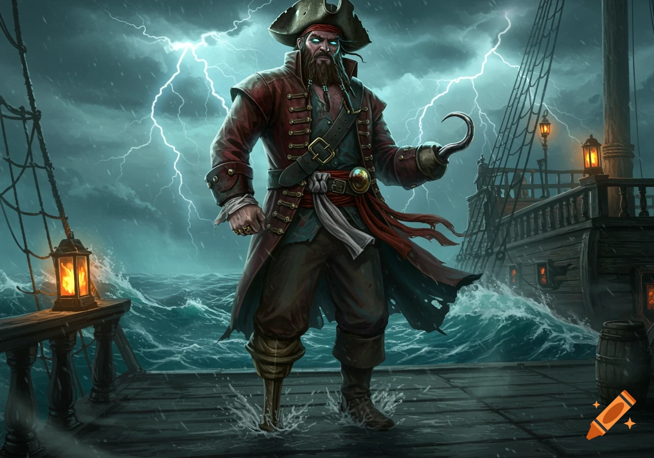 A grizzled pirate with a hook hand and wooden leg stands on a ship deck during a stormy night with lightning.
