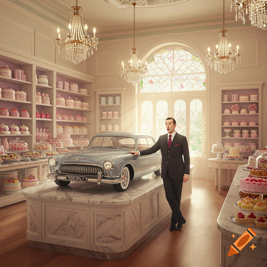 A man in a suit stands next to a vintage light blue car on a marble counter inside a grand, elegant bakery filled with pastries.