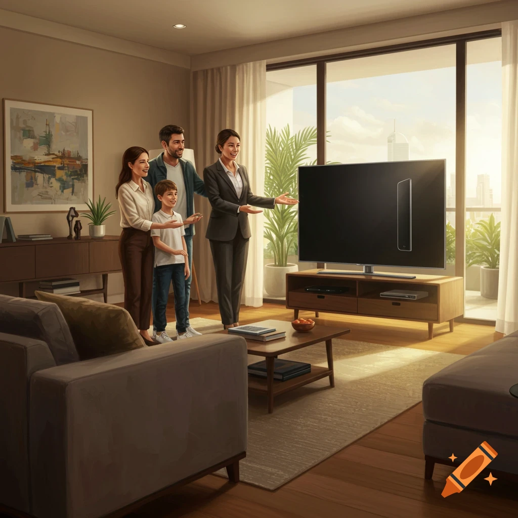 A real estate agent gestures towards a large TV in a modern living room, showing it to a family (a man, woman, and child).