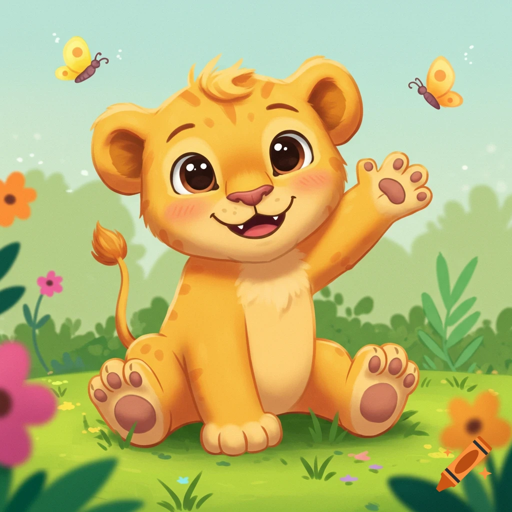 A cute cartoon lion cub with big eyes sits and waves, surrounded by butterflies and colorful flowers.