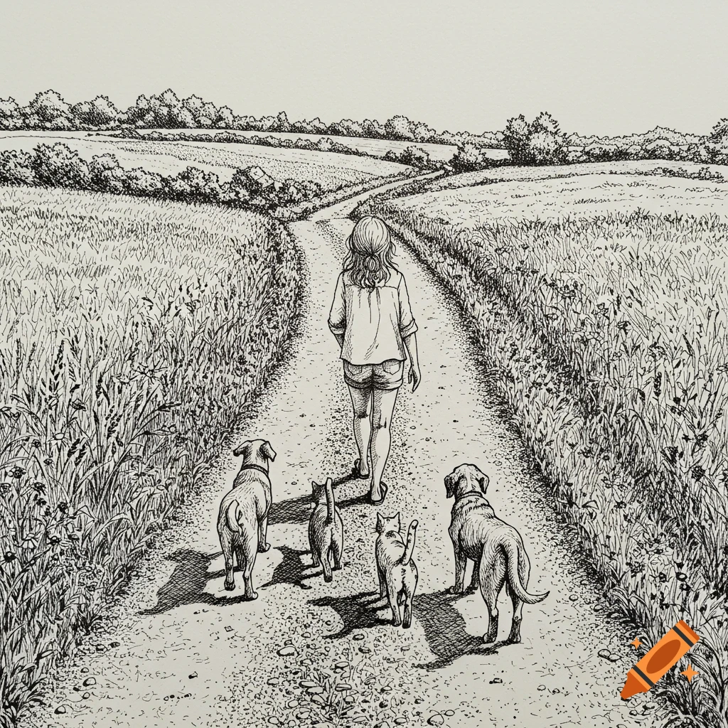 A pen and ink drawing of a woman and her five pets (three cats, two dogs) walking on a country road through fields.