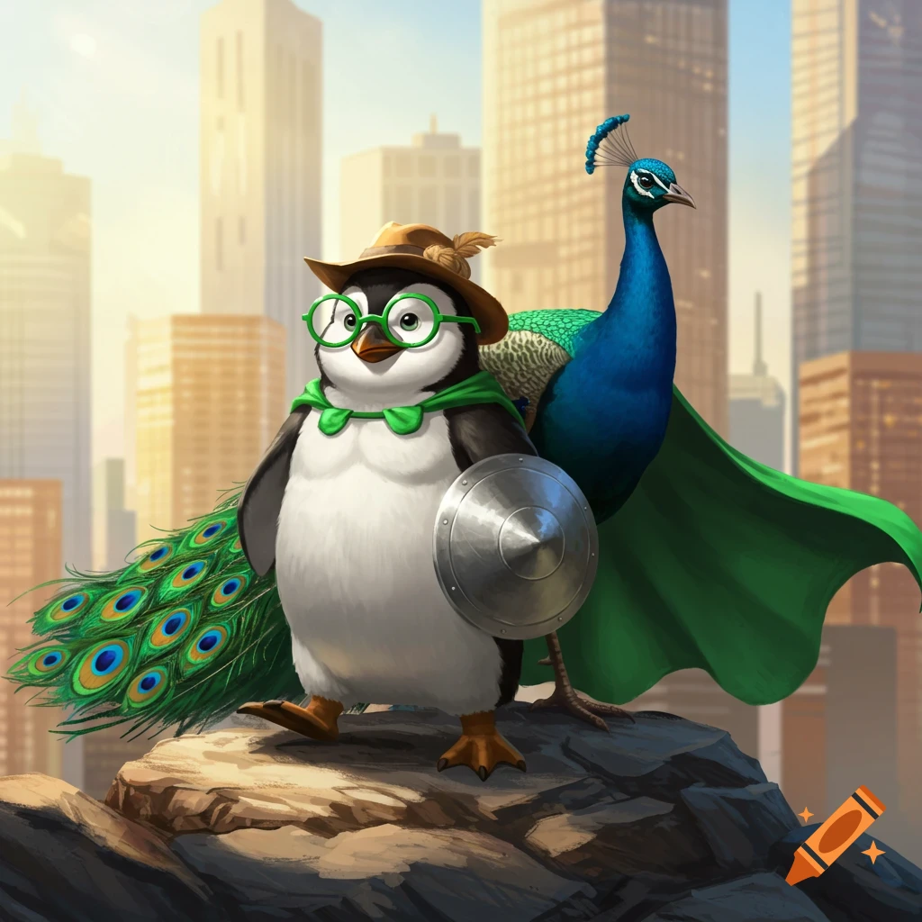 A cartoon penguin superhero with green glasses, brown hat, and shield stands next to a peacock sidekick on a rock, with a city in the background.