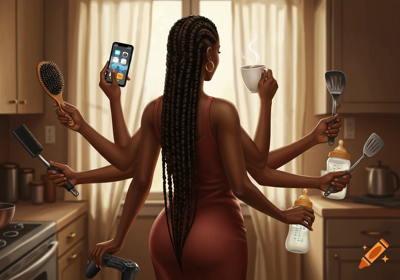 A woman with multiple arms, facing away, stands in a kitchen holding a phone, brush, game controller, coffee, bottles, and spatulas.
