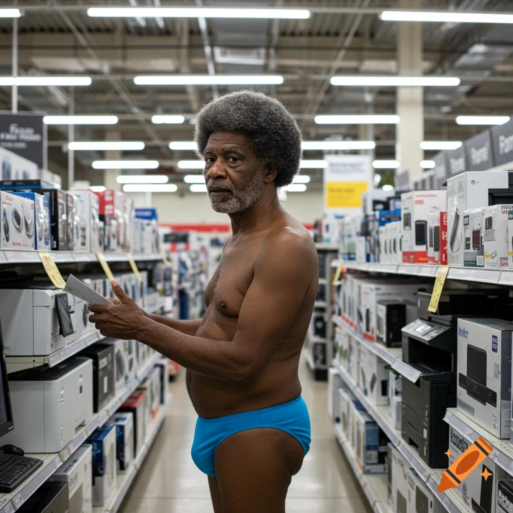 A photorealistic image of an older Black man with a grey afro, wearing a blue mankini, standing in an electronics store aisle.