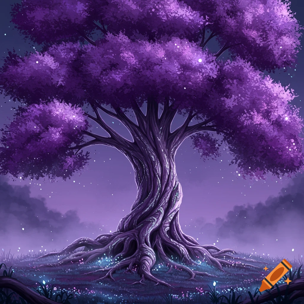 A vibrant purple tree with twisted roots and glowing leaves stands in a magical, starry landscape, digital art.