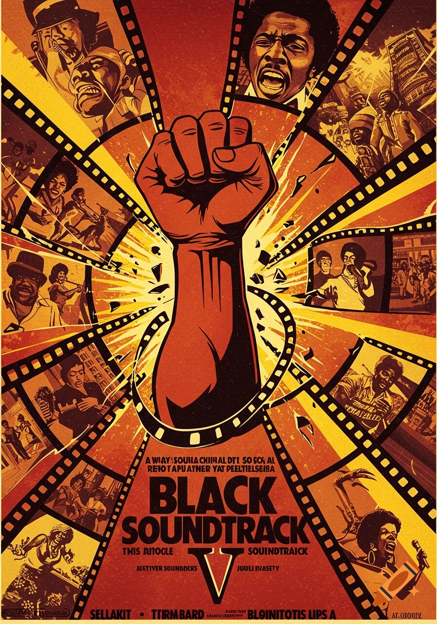 A 1970s style blaxploitation movie poster featuring a large, red black power fist breaking through a film reel, surrounded by circular frames depicting various scenes with African American characters, including musicians and singers. The poster has a warm, vintage color palette of reds, oranges, and yellows. Text on the poster reads 'BLACK SOUNDTRACK V' with other stylized, partially garbled text.