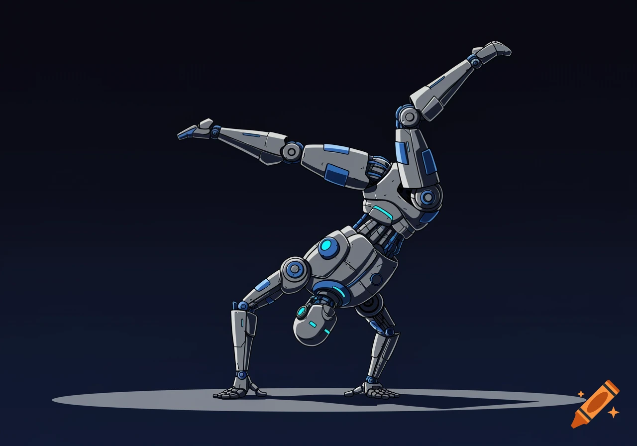 A gray and blue robot performs a handstand or bridge pose under a spotlight on a dark stage, in a stylized illustration.