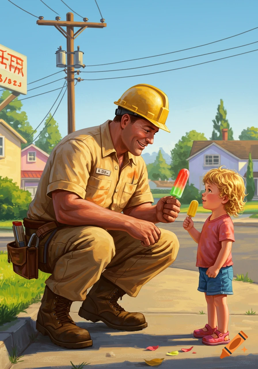 A lineman in a hard hat crouches, offering a popsicle to a small child holding another popsicle on a sunny suburban street.