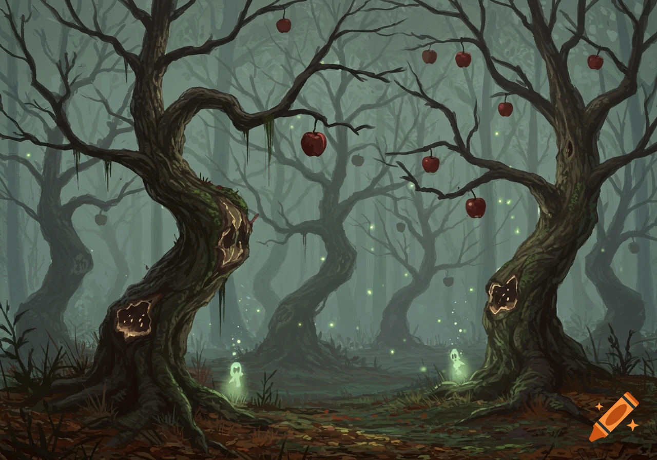A dark, misty forest with twisted, gnarled trees bearing red apples and small glowing ghost figures.