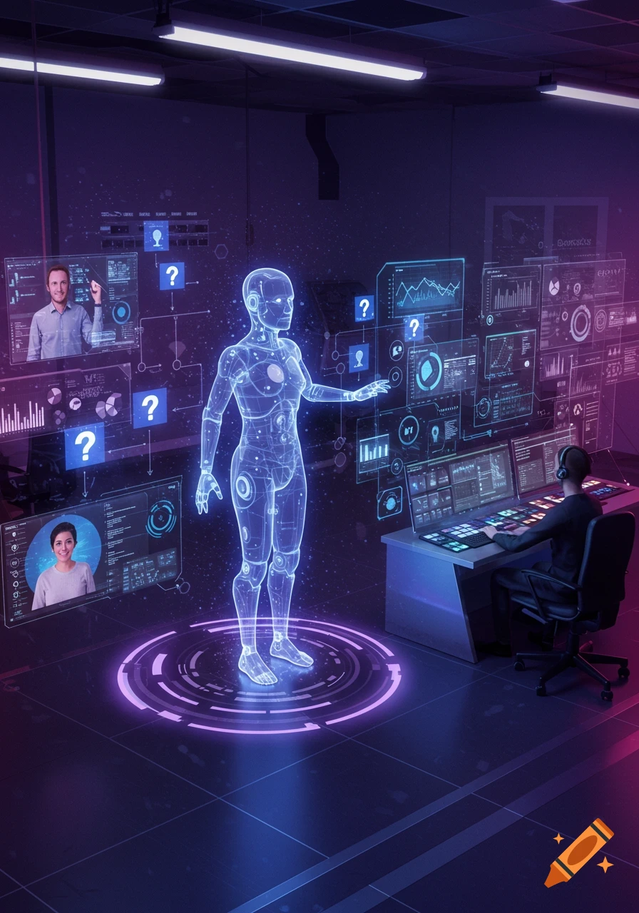 A person works at a computer console in a dark, futuristic control room, illuminated by neon purple and blue lights, while a glowing holographic human figure and multiple data screens float nearby.